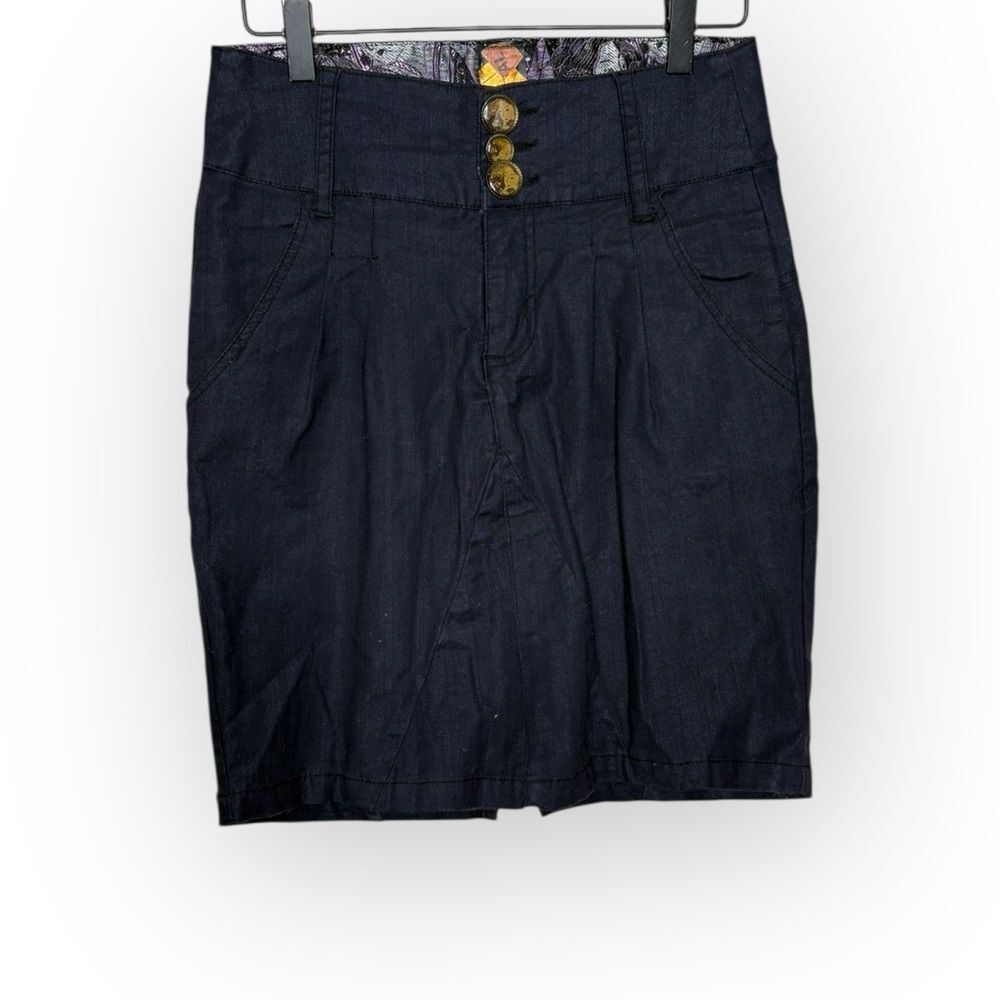 Desigual Mini Skirt Embroidered Front Geisha Buttons Back Slit Indigo Size EU 34